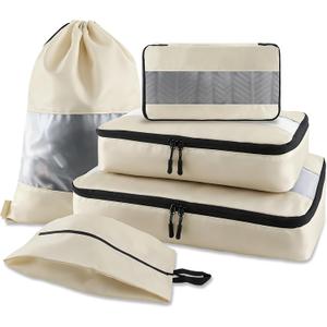 U+U 5 Set Packing Cubes, Travel Organizers with Shoe Bag (Cream) | Ultralight Design & Easy Travel Organization