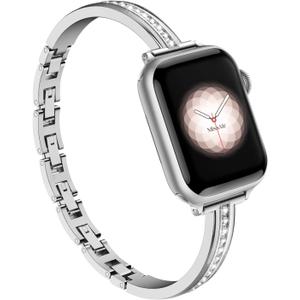 Missair Bands Compatible with Apple Watch Band 38mm 40mm 41mm 42mm 44mm 45mm 46mm 49mm for Women, Slim Metal Dressy Jewelry Bracelet with Bling Diamond for iWatch Series 10 9 8 7 6 5 4 3 SE Ultra (Silver)