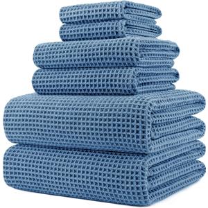 POLYTE Oversize, 60 x 30 in., Quick Dry Lint Free Microfiber Bath Towel Set, 6 Piece (Blue, Waffle Weave)