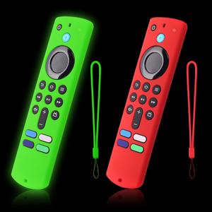2 Pcs Glowing Remote Cover Compatible with Amazon Fire TV Stick, HD, 3rd Gen., 4K Remote Controller, Silicone Protective Case with Lanyard, Glowing Green + Red