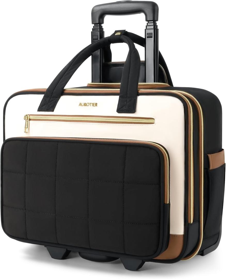 Rolling Puffer Laptop Bag, Rolling Briefcase for Women, Wheeled 16 Inch Computer Bag, Water Resistant Stylish Overnight Underseat Carry On Luggage with Wheels for Work Travel Business,Beige Brown