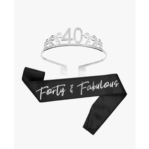 BLUE PANDA 40th Birthday Sash and Tiara for Women, Forty and Fabulous Party Decorations (Black Satin 40th Birthday Sash For Women)