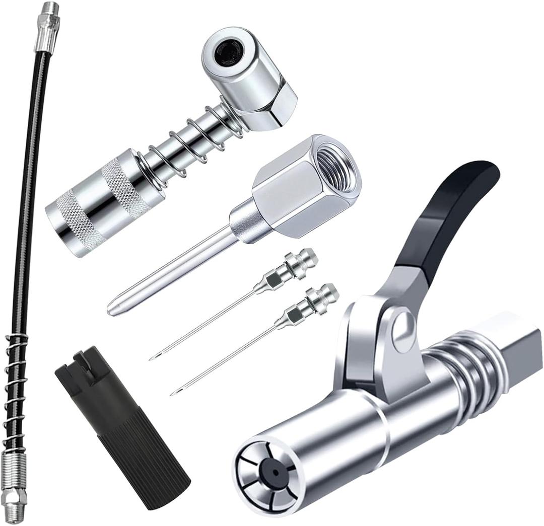Grease Gun Accessory Kit,includes Grease Needle Dispenser, 2pcs Grease Needle Nozzles, 90 Degree Grease Coupler Adapter with Sleeves, Grease Gun Coupler, 12 Inch Grease-Gun-Hose, Zerk Fitting Cleaner