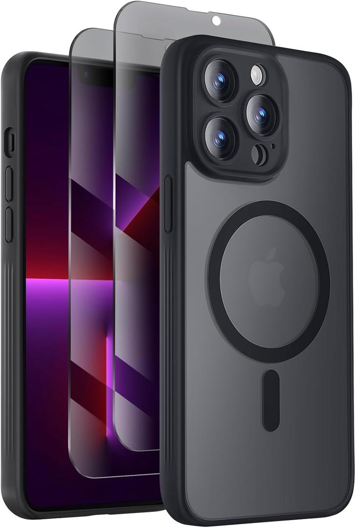 Symcele Designed for iPhone 13 Pro Case, Compatible with MagSafe, with Privacy Screen Protectors X2, [Camera Protection] [15FT Military Drop Protection] Shockproof Phone Case, 6.1", Black