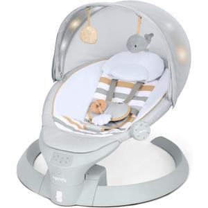 Ingenuity InLighten Baby Swing, 3-in-1 Bounce, Sway & Stationary Seat, Bluetooth Music, Light-Up Canopy, Remote Control, Vibrations, 5-Point Harness, Pebble Shore