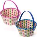 JOYIN 2 Pcs Easter Bamboo Plaid Basket, Blue Pink Round Woven Goodie Empty Gift Basket with Folding Handle, Candy Toys Storage Bucket for Easter Egg Hunt, Kids Party Treats Picnic & Favor(11" x9.5")