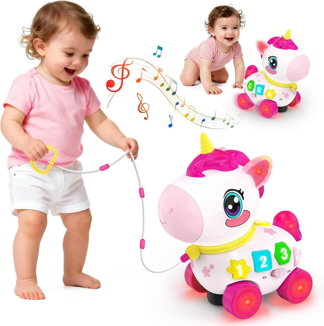 Bilingual Musical Crawling Toy for 1 Year Old Girl Gifts,Musical Unicorn Toys for Baby 6-12 Months,Baby Toys 6-12-18 Months,Toddler Educational Toy,Birthday Gifts with Music Light,Baby