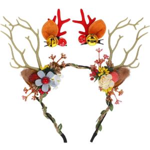 2 x Deer Reindeer Elk Headbands: Women Girls Fairy Headwear Floral Flower Headdress Hairband for Christmas Xmas Party
