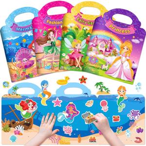 4 Sets Reusable Sticker Books for Toddler, Dress Up Stickers Book for Girls, Arts Crafts Jelly Stickers Travel Toys, Birthday and Christmas Gifts for Kids 3 4 5 6, Princess, Mermaid, Fairy Tale