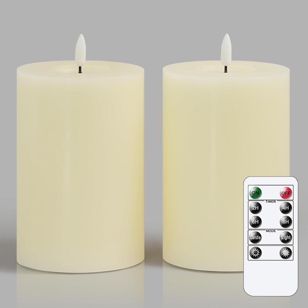 Flameless Flickering 4" x6" Real Wax Ivory Remote Candles with Candle Grease, Pack of 2 Timer LED Battery Operated Fake Warm Light Pillar Candles for Home, Banquet, Ceremony Decoration