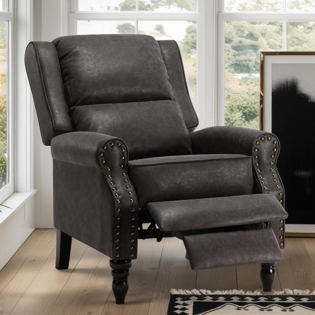 Leather Recliner Chair, Pushback Recliner Chair with Overstuffed Arms Lumbar Support, Mid Modern Pushback Recliners Chair with Adjustable Backrest Footrest for Reading, Living Room, Black