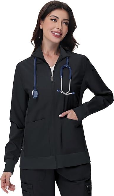 MIVEI Scrub Jackets for Woman - 4 Pockets with 2 zips Lightweight Ultra Soft 4-Way Stretch Zip Front Nurse Jacket Black Large