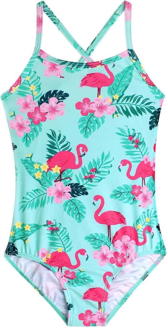 Girls Swimsuit One Piece Bathing Suit with Adjustable Straps Cute Little Kids Swimming Suits Beach Swimwear 4T-12 (5, Flamingo Floral Green)