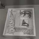 DN DECONATION Christmas Decoration Reindeer and Tree Figurines  Xmas Reindeer with White & Silver Tree Statues Decor  Resin Christmas Village for Winter Table Mantle Decor Set of 5