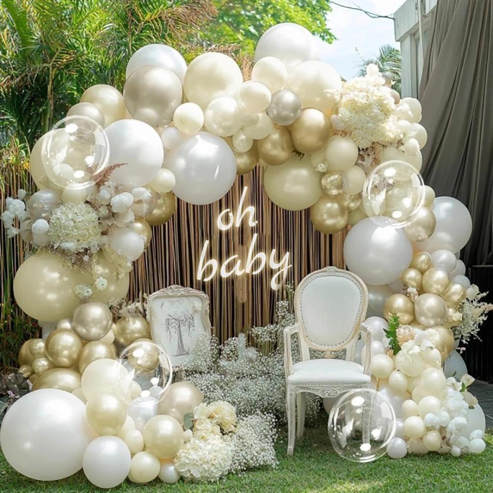 White Gold Balloon Arch Kit Double Stuffed Pearl White Sand Cream Gold Balloon Garland Ivory Beige Balloons for Baby Shower Wedding Bridal Shower Birthday Baptism Bachelorette Valentine Party Decor