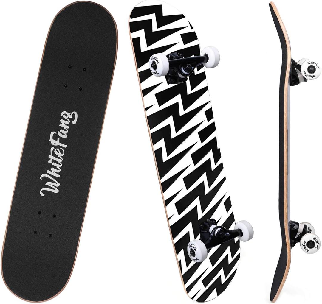 WhiteFang Skateboards for Beginners, Complete Skateboard 31 x 7.88, 7 Layer Canadian Maple Double Kick Concave Standard and Tricks Skateboards for Kids and Beginners