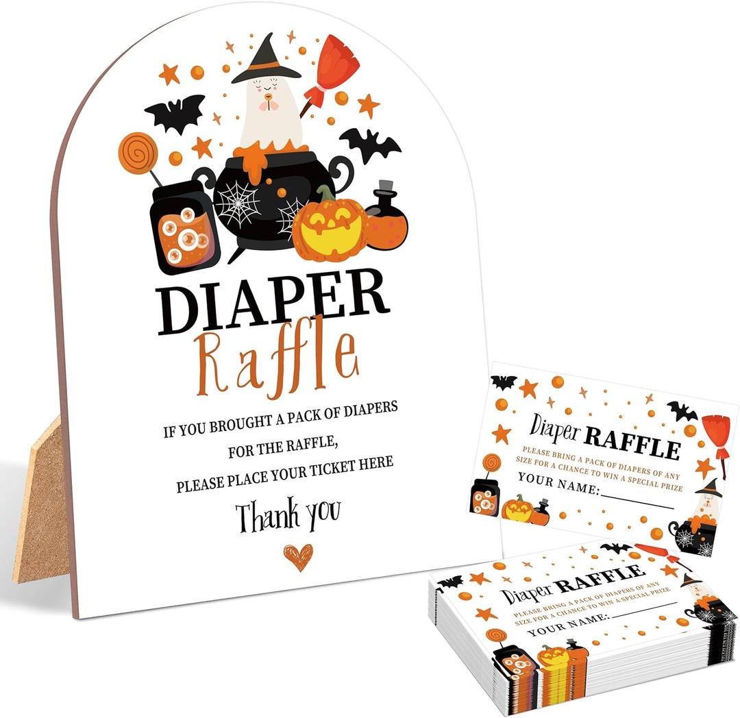 Halloween Diaper Raffle Game, 6x8 Inch Arch Wooden Sign with Stand and 50 Diaper Raffle Tickets-XR19