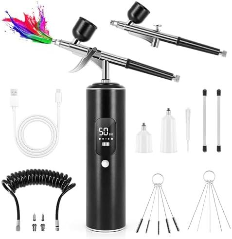 Airbrush Kit with Air Compressor, 6400mAh 50PSI High Pressure Airbrush Kit with 0.2/0.3/0.5mm Nozzle Sets, Airbrush for Nails, Modeling, Cake Decorating, Pastry, Makeup and Art Black