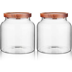 Labina Glass Storage Container Airtight Food Jars Kitchen Canister with Wood Lids, 54 Oz (1600ml) Wide Mouth Pantry Organization Glass Jar for Flour, Sugar, Cookie, Spagetti, Nuts and Candy (2 Pack)