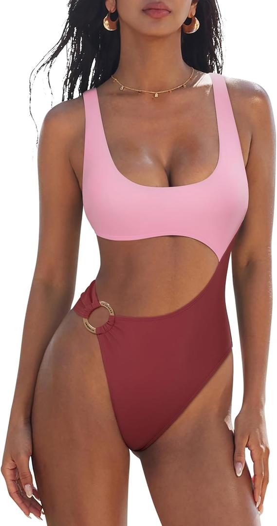 SUUKSESS Women Sexy One Piece Tummy Control Swimsuit Cutout Backless Bathing Suit (M)