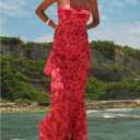 Milumia Women's Floral Strapless Maxi Dress Elegant Bodycon Fishtail Tube Dresses with Scarf (Red, L)