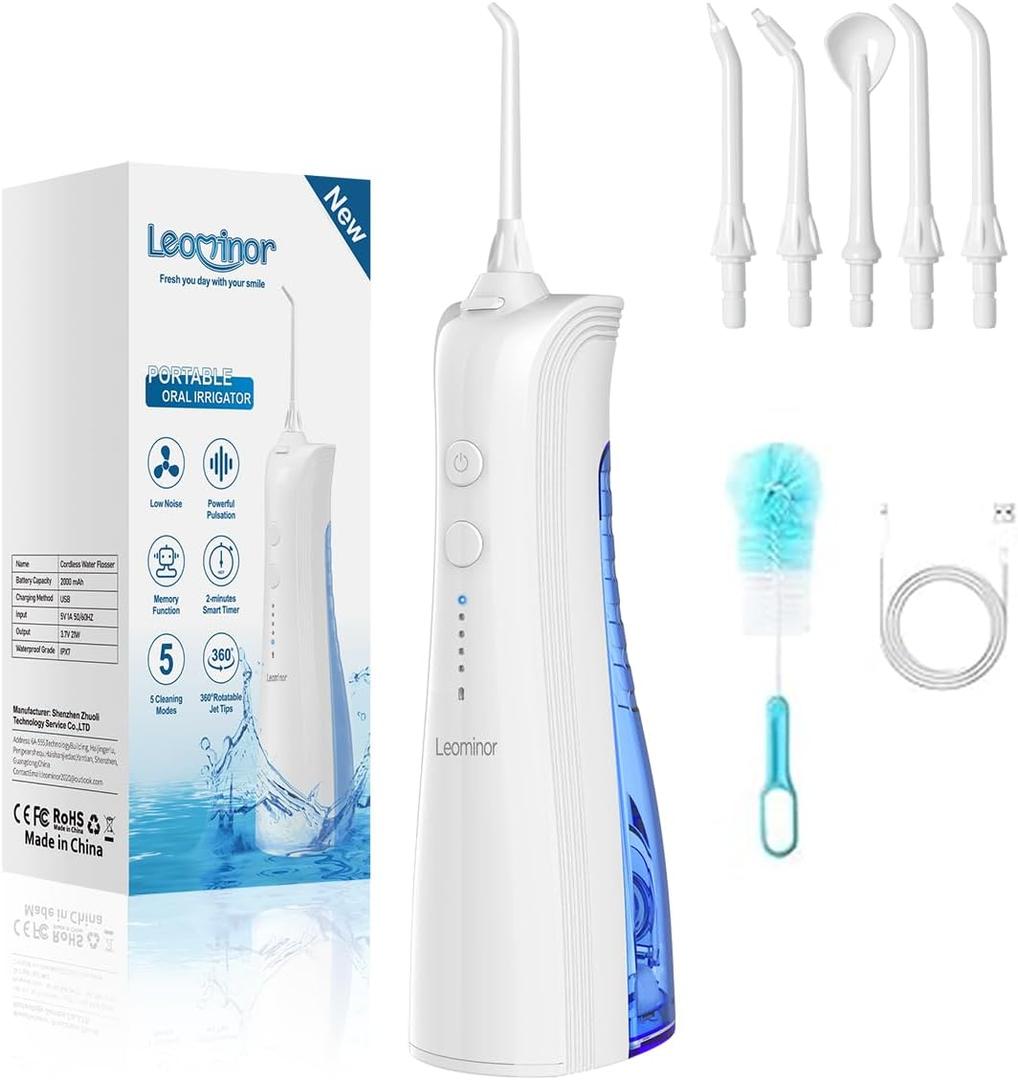 Leominor Water Dental Flosser - 5 Modes Cordless Portable Oral Irrigator, IPX7 Waterproof, Rechargeable Teeth Cleaner Upgrade Datchable Tank Professional Flossing Cleaning Pick for Home Travel (White) (230ml)