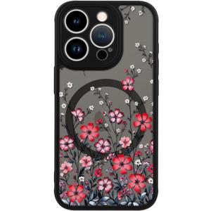 LUHOURI for iPhone 14 Pro Max Case Cute - Wireless Charing Compatible,Trendy Floral Design for Women Girls,Military-Grade Shockproof Not-Slip Matte Phone Cover, Vibrant Red Wildflowers