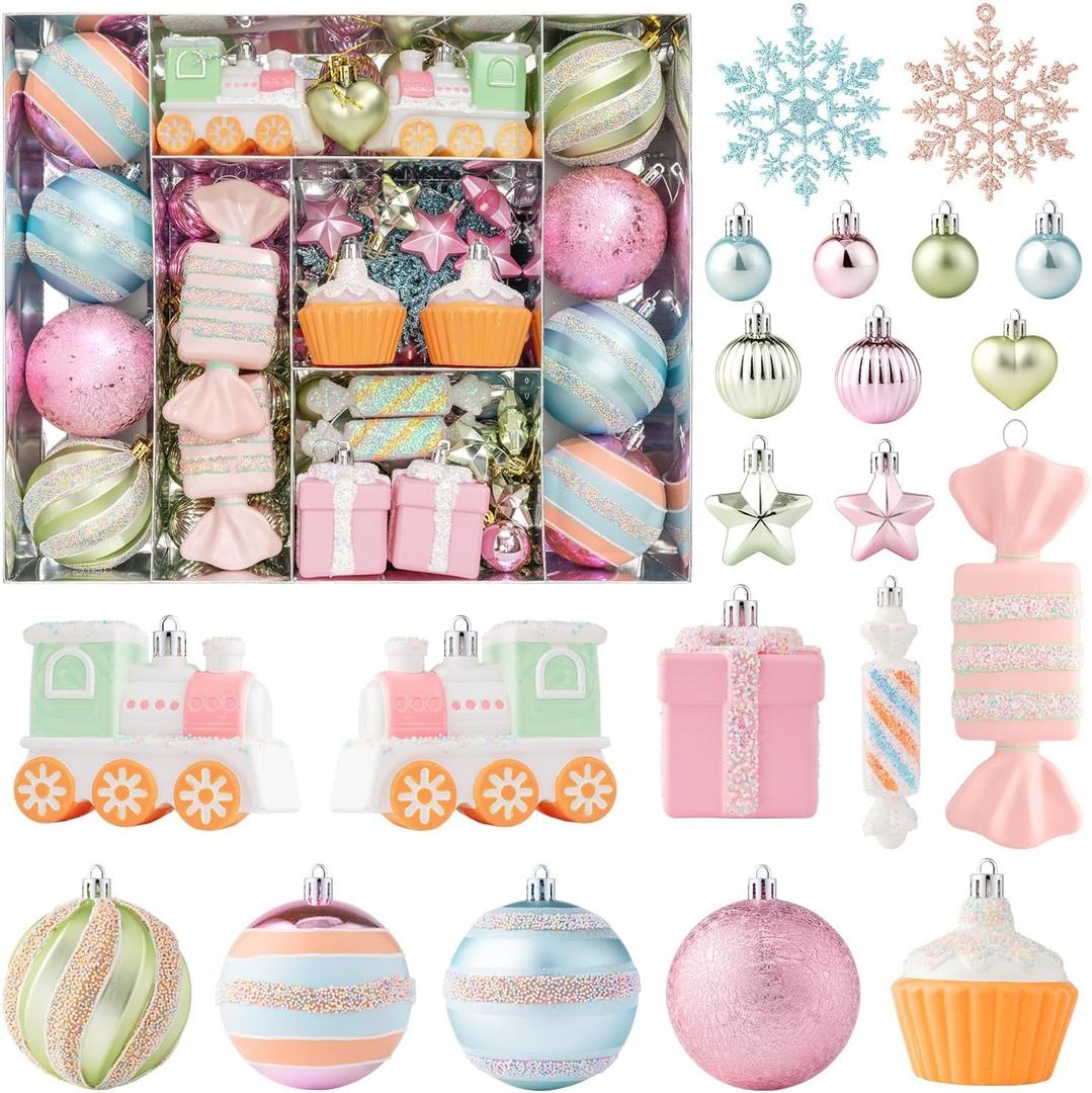 3.15" Pastel Candyland Christmas Ball Ornaments Set, 80 Pcs Cute Dessert-Themed Macaron Pink Xmas Tree Pendants with Cupcake, Train, Lollipop, Shatterproof Hand-Painted Bulk for Sweet Wonderland Party