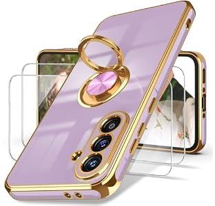 Dretal for Samsung Galaxy A56 5G Case, Galaxy A56 5G Case with Screen Protector, 360° Rotatable Ring Holder Magnetic Kickstand, Plated Gold Edge Slim Soft TPU Protective Phone Cover (Purple, A56)