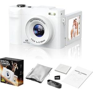 4K Digital Camera for Photography- 50MP Autofocus Vlogging Camera with 2.8" 180°Flip Screen, 18X Digital Zoom- Compact Point and Shoot Camera with 32GB TF for YouTube, Travel, Beginners, White