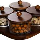 Round Glass Snackle Box Container Snack Organizer and Fruit Platter with Acacia Wood Lids and Tray Divided Serving Tray for Nuts Candy Dry Fruits (4 Jars)