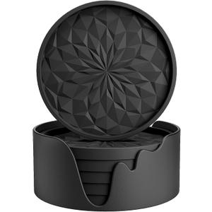 ME.FAN Silicone Coasters with Holder,[6 Pack] Drinking Coasters - Cup Mat for Hot or Cold Drinks, Thickened, Non-Slip, Non-Stick,Deep Tray Black