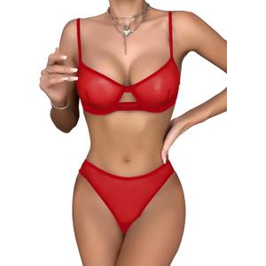 Lilosy Sexy Mesh Sheer Underwire Push Up Lingerie Set Lingerie Set (Large, Red 2#)