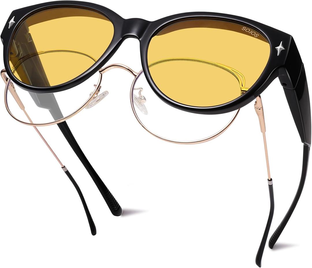 SOJOS Cat Eye Polarized Fit Over Glasses Sunglasses for Women, Trendy Cateye Wrap Around Shades for Women SJ2658, Black Frame/Night Vision Lens