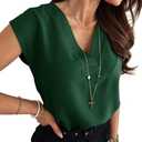 Lynwitkui Women's V Neck Chiffon Blouses Cap Sleeve Shirts Casual Loose Work Office Solid Tops Dark Green XL