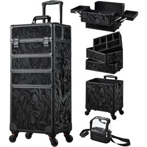 Stagiant Rolling Makeup Case 4 in 1 Cosmetology Case on Wheels Makeup Travel Case with Cosmetic Bag Key Swivel Wheels Salon Barber Case Traveling Cart Trunk Cosmetic Trolley Alpine Black