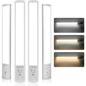 Under Cabinet Lighting, 4Pack Motion Sensor Light Indoor with 3 Color Temps, Rechargeable Under Counter Lights for Kitchen,Dimmable Closet Lights Battery Operated, 76 LED Motion Sensor Light Indoor