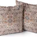 Snycler Boho Throw Pillow Covers 24x24 inch Set of 2 Ethnic Floral Cotton Short Plush Square Cushion Cover Standard Pillowcase for Men Women Home Decorative Sofa Armchair Bedroom Livingroom