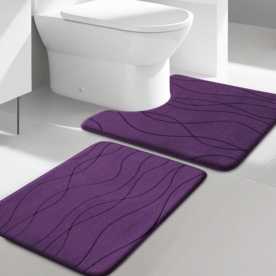 YIHOUSE Memory Foam Purple Bathroom Rug Sets 2 Piece, Ultra Absorbent Bath Mat for Bathroom - Non-Slip Machine Washable & Dry Quickly, 2 Piece Bathroom Mat Set, Purple (1'5" x 2')