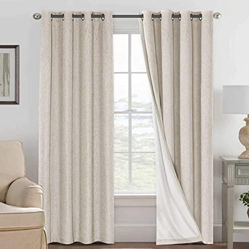 H.VERSAILTEX Polyester Blackout Curtains 96 Inches Long, 100% Absolutely Blackout Elegant Curtains for Bedroom, Thermal Insulated Linen Drapes Grommet Curtains with White Liner, 2 Panels, Natural