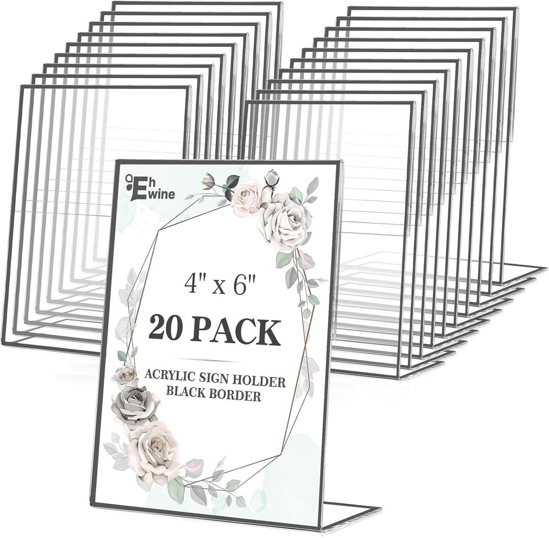 EHWINE 20 Pack Acrylic Sign Holder 4 x 6, Black Picture Frame Stand up Table Top Sign Holders, Slanted Back Paper Holder Clear Display Stand Menu Flyer Holder for Wedding Party