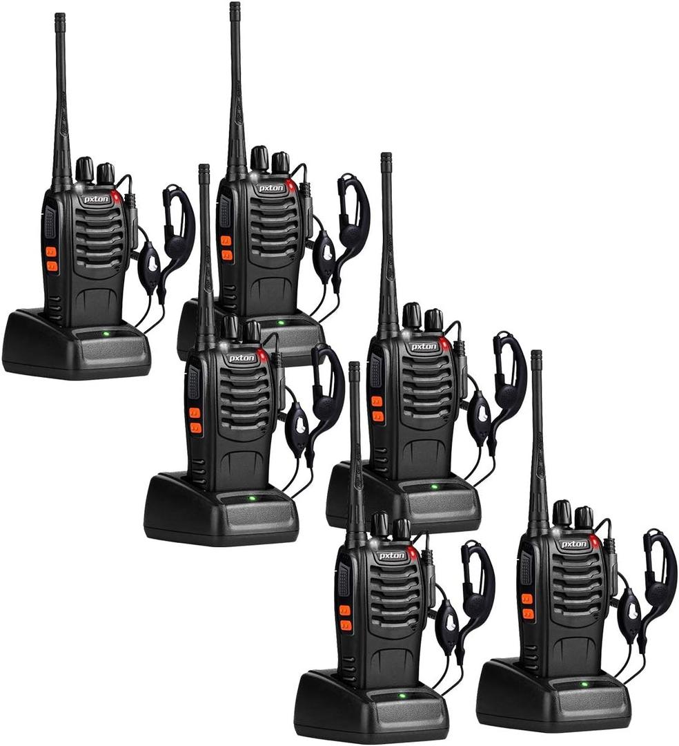 pxton Two Way Radios Long Range Walkie Talkies for Adults with Headphones,16 Channel Handheld 2 Way Radio Rechargeable with Flashlight Li-ion Battery and Charger6 Pack