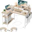 TIQLAB 40 Inch L Shaped Computer Desk with 3 Drawers & Power Outlets, Small Corner Desk with Reversible Shelves, Vanity Kids Writing PC Desk for Bedroom Home Office, Study Table for Girls, Maple