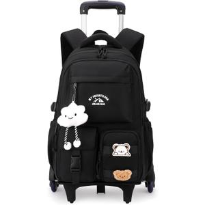 Black Rolling Backpack with Wheels for Girls Boys, Kids Roller Wheeled Backpack Middle School Bag, Trolley Rolling Bookbag on 6 Wheels