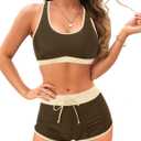 Tempt Me Women Beige Brown Two Piece Sports Bikini Athletic Swimsuits Racerback Crop Top with Boy Shorts Bathing Suits for Girls Vests L