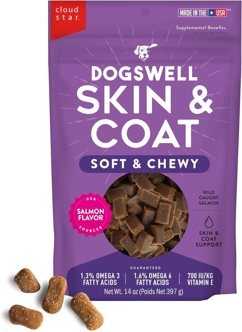 Dogswell Skin & Coat Soft & Chewy Dog Treats, Salmon, 14 oz. Pouch, BB: 02/13/2028, 4 Pack