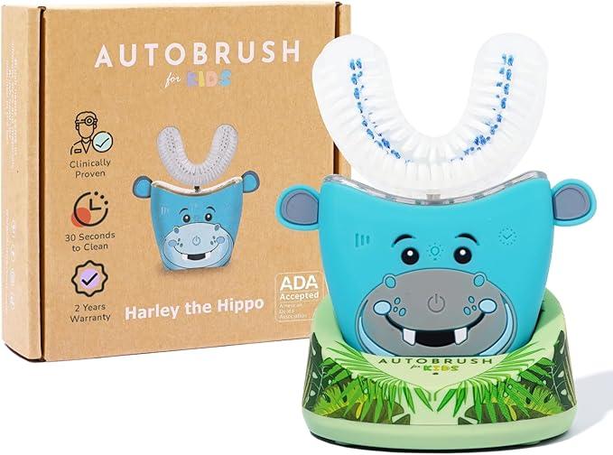 autobrush Kids U Shaped Electric Toothbrush, ADA Accepted, Sonic Pro with Unique 360° Nylon Bristles 3 Cleaning Modes,Whitening LED-Lights,Plays Music (Double-Sided),Ages 3-5, Hippo