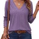Dokotoo Womens Fall V Neck Long Sleeve Eyelet Embroidered Blouse (Purple, L)
