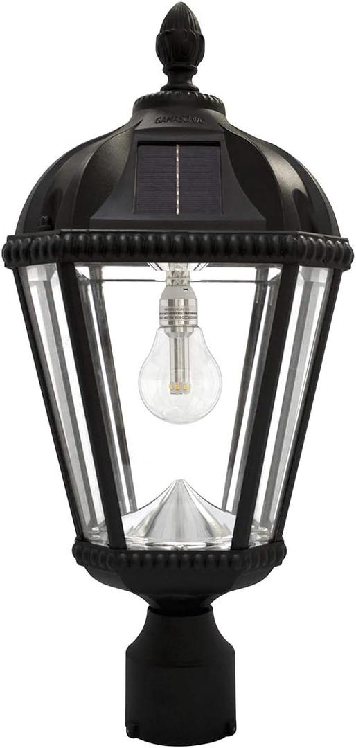 Gama Sonic Outdoor Solar Post Light, Black Aluminum, Royal Bulb, Rain Water Glass, Single Lamp with 3-inch Fitter for Lamp Posts Warm White LED, 98B012 (Upgraded Panel and Battery), Single Lamp Only - Post Mount