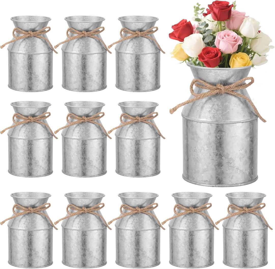 12 Pcs Farmhouse Metal Flower Vase Decor, 5.3 Inch Galvanized Milk Can Jug Vase with Twine Bow Rustic Flower Buckets for Centerpieces Floral Display Table Home Wedding Festival DIY Decorations